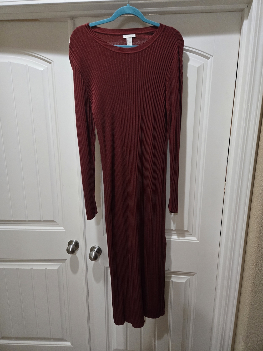 H&M Ribbed Long-Sleeve Knit Maxi Dress in Burgundy SIZE L EUC